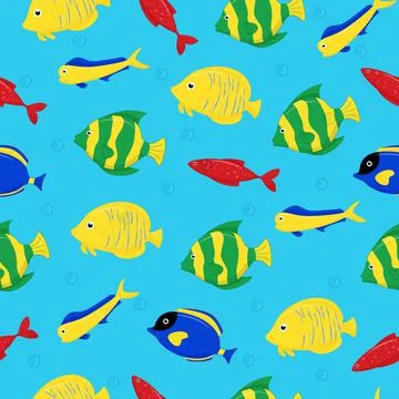 Cute sea fish seamless pattern. Vector cartoon character in ocean. Tropical fish Illustrazione stock