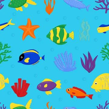 Cute sea fish seamless pattern. Vector cartoon character in ocean. Tropical fish Illustrazione stock