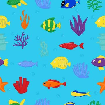 Cute sea fish seamless pattern. Vector cartoon character in ocean. Tropical fish Stock Illustration