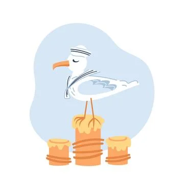 Cute sea gull in a White Sailor Cap and collar. Childrens cartoon character Stock Illustration