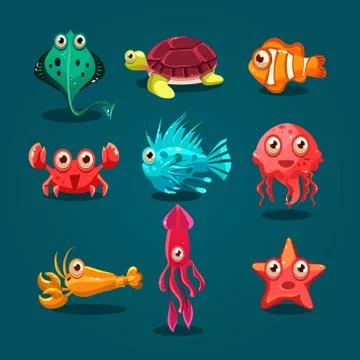 Cute Sea Life Creatures Cartoon Animals Set Stock Illustration