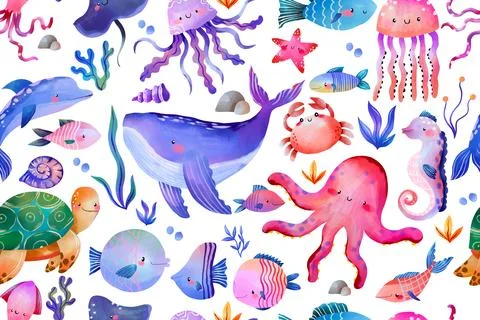 Cute sea life seamless pattern with ocean animals fish whale octopus for ba.. Stock Illustration