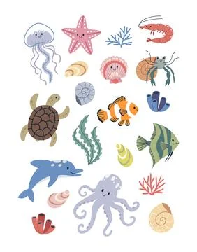 Cute sea life vector elements set with jellyfish turtle dolphin octopus and Stockillustratie