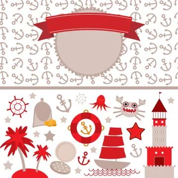 Cute sea objects collection. vintage scrap nautical card with frame, anchor p 스톡 일러스트