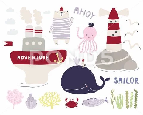 Cute sea set with bear sailor Stock Illustration