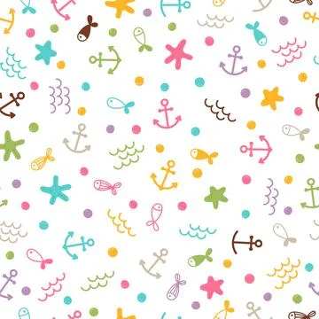 Cute sea summer seamless pattern with pearls, fishes and starfishes. Marine.. Stock Illustration