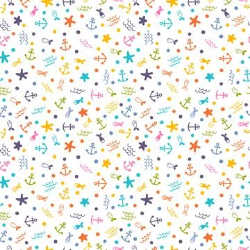 Cute sea summer seamless pattern with fishes, anchors and starfishes. Marin.. Illustrazione stock