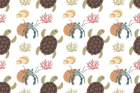Cute Sea Turtle and Hermit Crab Seamless Pattern Vector illustration Stock Illustration