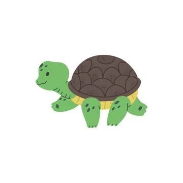 Cute sea turtle with brown shell and green body, vector cartoon funny character Stock Illustration