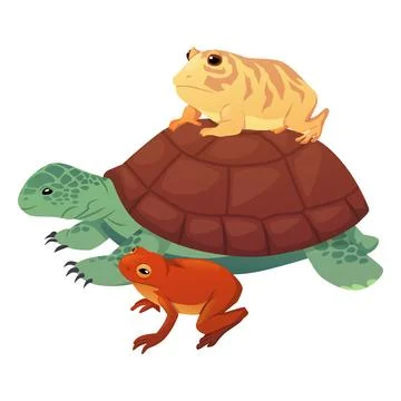Cute sea turtle with frogs, vector cartoon tortoise with toads, reptile animals 스톡 일러스트