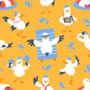 Cute seagull character seamless pattern. Nautical happy bird in different Stock Illustration
