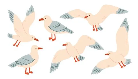 Cute seagull characters vector set. Flying and standing marine birds in simple Stock Illustration