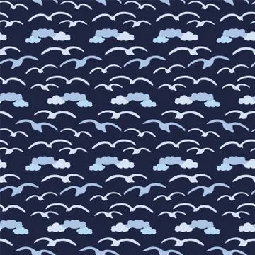 Cute seagull in the dark blue clouds silhouette cartoon seamless vector pattern Stockillustratie