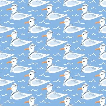 Cute seagull in a white sailor cap and collar swims on the sea, seamless pa.. Stock Illustration
