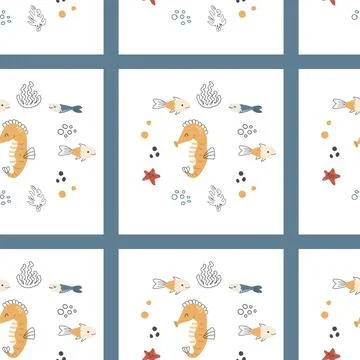 Cute seahorse seamless pattern in doodle style. Stock Illustration