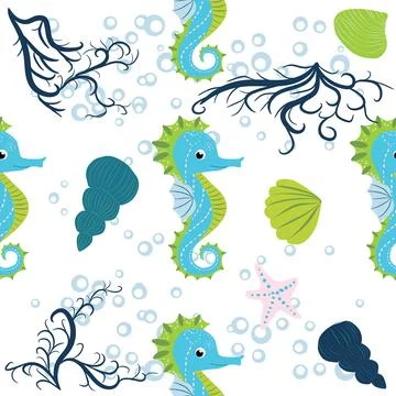 Cute seahorses cartoon seamless pattern. Hand drawn ocean animals. Nautical b Stock Illustration