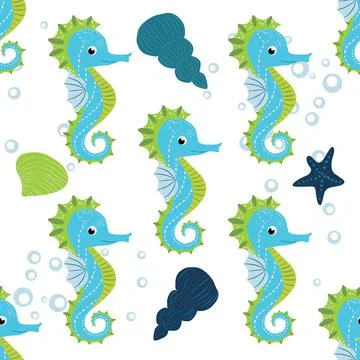 Cute seahorses cartoon seamless pattern. Hand drawn ocean animals. Nautical b Illustrazione stock