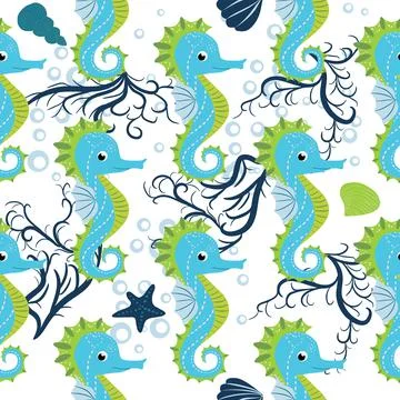 Cute seahorses cartoon seamless pattern. Hand drawn ocean animals. Nautical b Stock Illustration