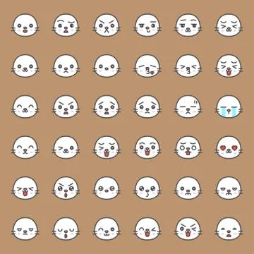 Cute seal emotion face in various expession, editable line icon Stock Illustration