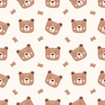 Cute seamless animals pattern featuring playful bear faces and crowns Illustrazione stock