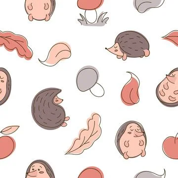 Cute seamless autumn pattern with hedgehogs, leaves, apple and mushrooms on Illustrazione stock