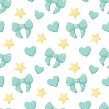 Cute seamless background with, blue bow, blue hearts and yellow stars. Vector Stock Illustration