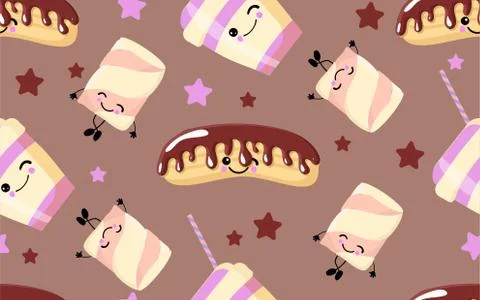 Cute seamless background with eclairs and marshmallows. coffee color. Illustrazione stock