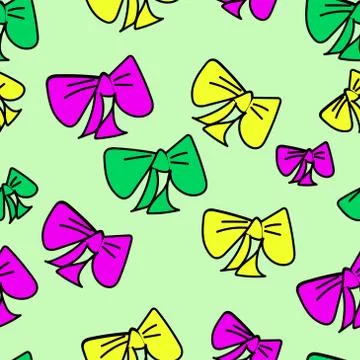Cute seamless background with hand drawn colorful bows on pastel green isolat Stock Illustration