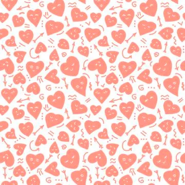 Cute Seamless background, hearts of different shapes, Kawaii, faces . Doodle  Stock Illustration