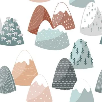 Cute seamless background pattern with snowy mountains. Creative children texture 스톡 일러스트
