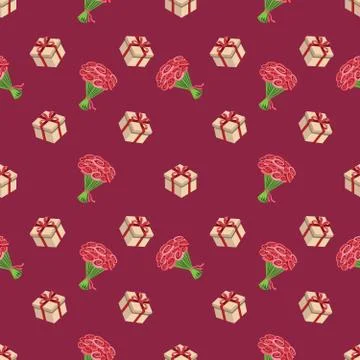 Cute seamless background patterns with flowers and gift boxes Stock Illustration