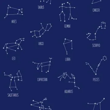 Cute seamless background with schematic hand drawn zodiac constellations 库存插图