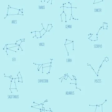 Cute seamless background with schematic hand drawn zodiac constellations 库存插图