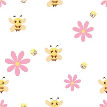 Cute seamless bee pattern with flowers and honey jars pastel vector backgroun 스톡 일러스트