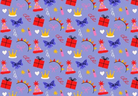 Cute seamless Birthday pattern in retro cartoon style. Stock Illustration