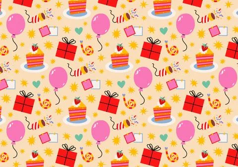 Cute seamless Birthday pattern in retro cartoon style. Stock Illustration