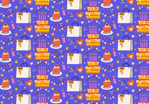 Cute seamless Birthday pattern in retro cartoon style. Stock Illustration