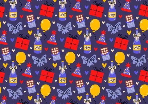 Cute seamless Birthday pattern in retro cartoon style. Stock Illustration