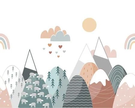 Cute seamless border pattern with doodle hand drawn mountains and clouds Stock Illustration