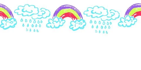 Cute seamless border. Rain, rainbow. Drawings with wax crayons. Vector design Illustrazione stock