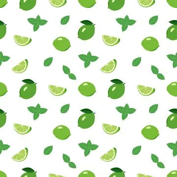 Cute seamless bright pattern of citrus fruits and mint leaves on a white Stock Illustration
