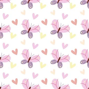 Cute Seamless Butterfly Pattern with Hearts in Pastel Colors Stock Illustration
