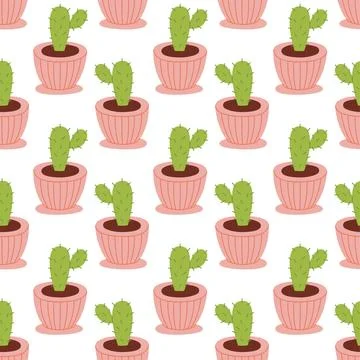 Cute Seamless Cactus Pattern in Pots Hand Drawn Illustration Stock Illustration