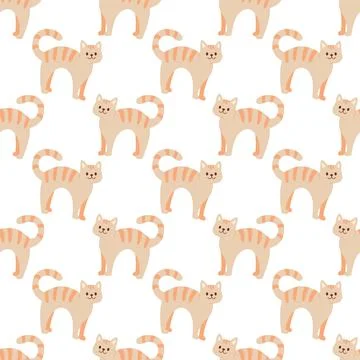 Cute Seamless Cat Pattern Hand Drawn Illustration Stock Illustration