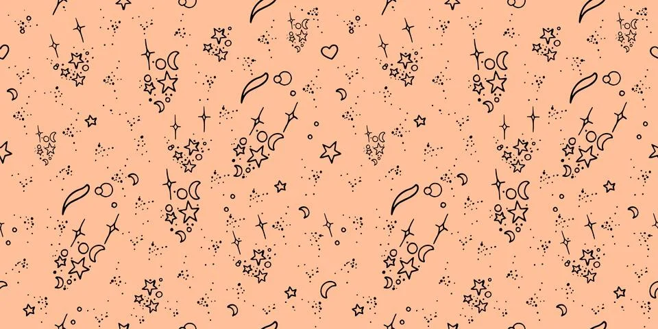 Cute seamless celestial pattern with hand drawn stars, moons, comets  on pe.. Stockillustratie
