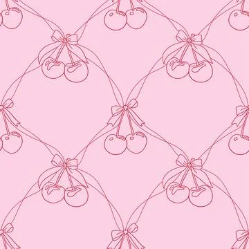 Cute seamless checkered pattern with cherries, ribbons and bows. Checkered Illustrazione stock