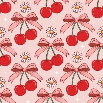 Cute seamless cherry pattern with pink bows Stock Illustration
