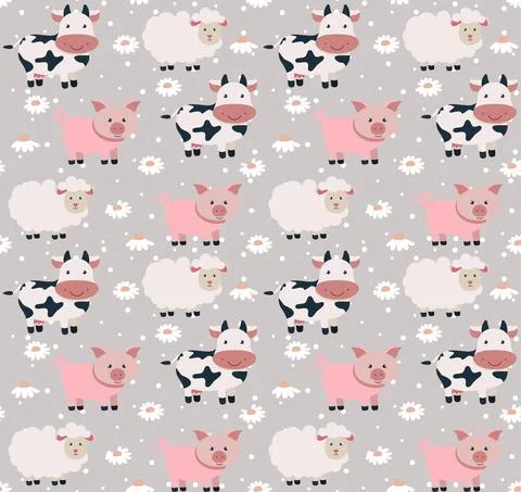 Cute seamless childish pattern in cows. Vector illustration. Stock Illustration