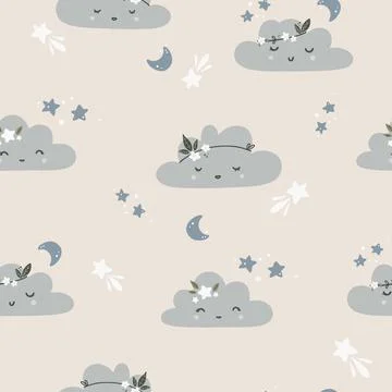 Cute seamless childish simple pattern for kids with cute clouds and stars in Stock Illustration