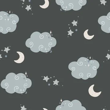 Cute seamless childish simple pattern for kids with cute clouds and stars in Stock Illustration